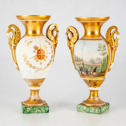 null PARIS 
Pair of enamelled porcelain vases with polychrome decoration of game....