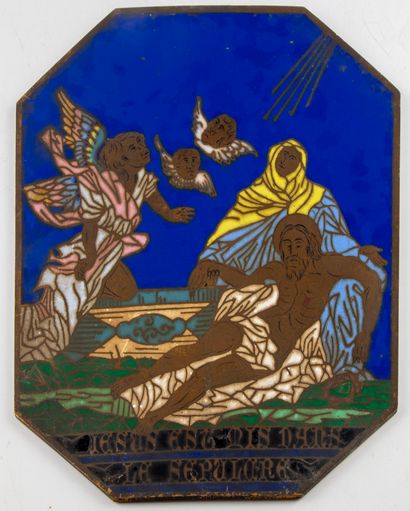 null Bronze plate with enamelled decoration of a religious scene "Jesus is put in...