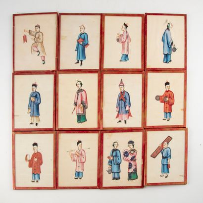 null Suite of twelve small paintings on silk representing Chinese characters
20th...