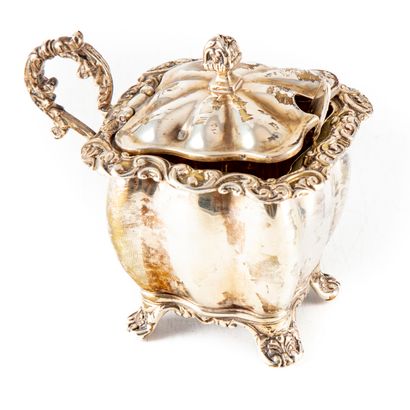 null Small silver mustard pot of cubic form with decoration of foliage in the taste...