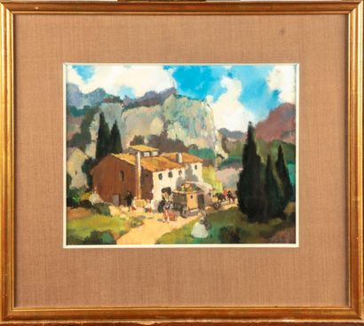 null FRENCH SCHOOL 
Stopover at the relay 
Gouache, signed lower right
26 x 33,5...