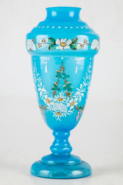 null Vase in opaline of turquoise color with painted decoration of garlands of flowers....