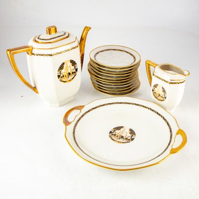 null Manufacture Jean BOYER- Limoges 
ART DECO coffee set with black and gold decoration...