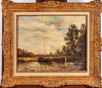 null FRENCH SCHOOL, early 20th century
Landscape with boats 
Oil on canvas, lined,...