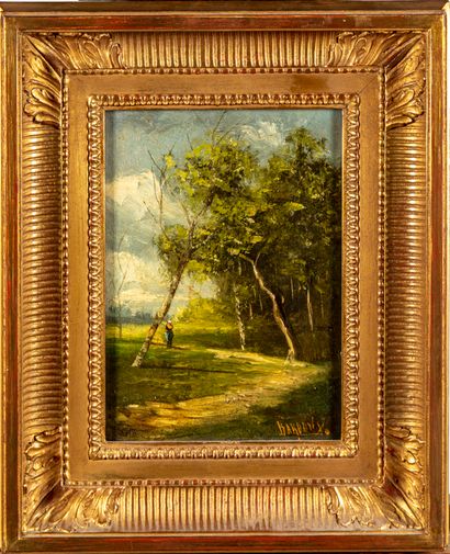 null FRENCH SCHOOL of the 19th century 
Landscape of a wooded area 
Oil on panel,...