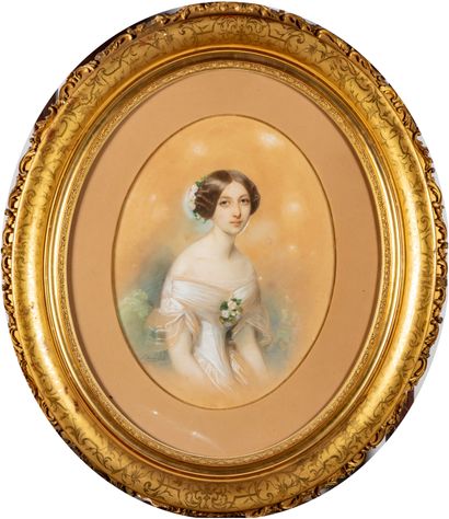 null Laure HOUSSAYE DE LÉOMENIL (1806-1866)
Portrait d'une jeune élégante 
Pastel...