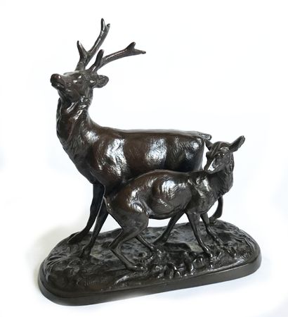 null Joseph-Victor CHEMIN (1825-1901)
Cerf et biche
Bronze à patine brun sombre 
Signé...