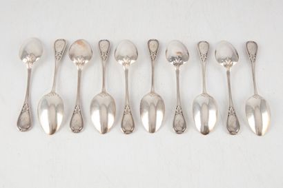 null Set of ten small silver spoons with finely chiseled decoration of foliage scrolls,...