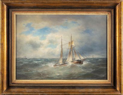 null B. J. GOVERS (late 19th - 20th)
Fishermen's boat in rough sea
Oil on canvas
Signed...