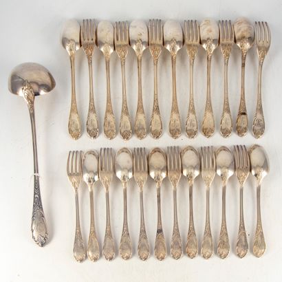 null CHRISTOFLE 
Set of 12 large cutlery pieces and a ladle in silver plated Rocaille...