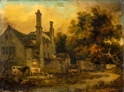 null George MORLAND (1763-1804) attribué à
Farm House with cattle and figures 
Huile...