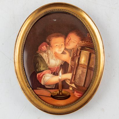 null Dans le style de Gérard DOU - XIXe
Miniature sur porcelaine représentant une...