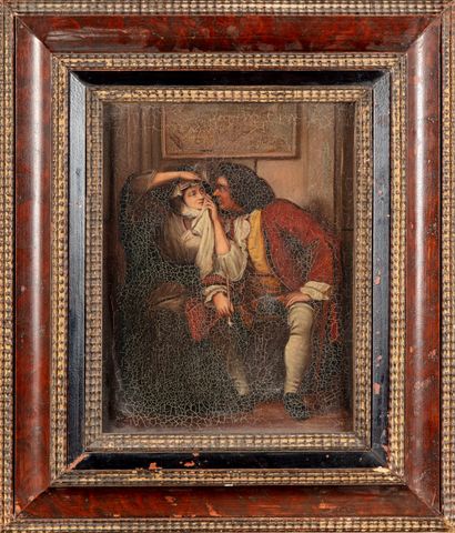null FRENCH SCHOOL in the Dutch taste 
Couple at "Dunkerk
Oil on canvas 
27 x 21...