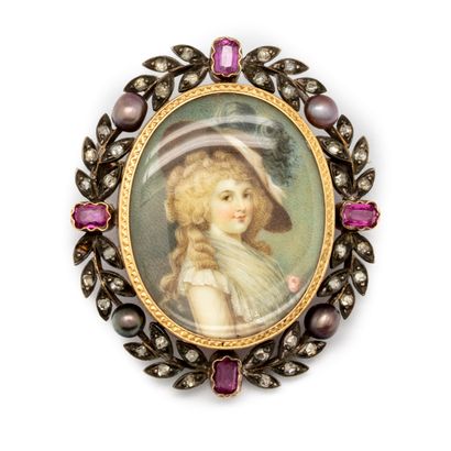 null Brooch decorated with a miniature portrait of an elegant woman with a hat surrounded...