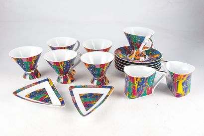 null Suite of 6 coffee cups and 6 saucers in porcelain with polychrome decoration...