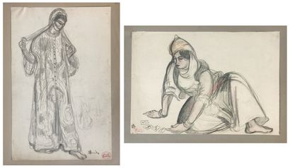 null André SURÉDA (1872-1930)
Young girl playing cards 
Young woman standing tying...