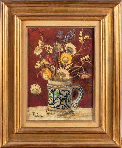 null Gilles FABRE (1933-2007) 
Still life with flower bouquet and stoneware mug.
Oil...