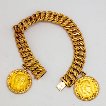 null Curb in yellow gold adorned with two 20 francs gold Napoleon III coins (1852...