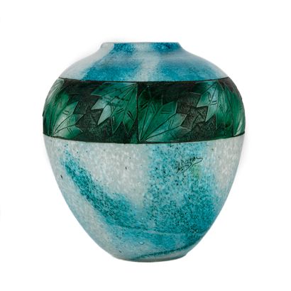 null François Théodore LEGRAS (1839-1916)
Vase ovoïde en verre marmoréen bleu vert...