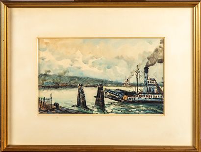 null ROUEN SCHOOL of the 20th century 
The ferry on the seine 
Watercolor, signed...