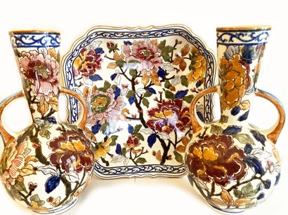 null GIEN 
Earthenware set including two vases and a cup with polychrome decoration...