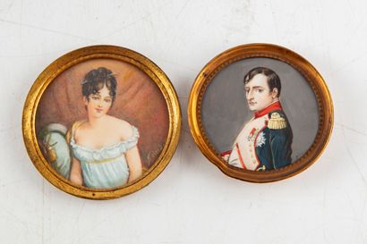 null Ensemble de deux miniatures sur carton représentant Napoléon Bonaparte et Madame...