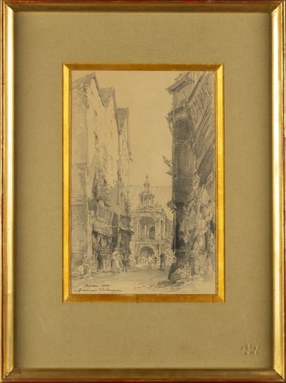 null Maxime LALANNE (1827-1886)
La Halle aux toiles à Rouen 
Crayon sur papier, signé...