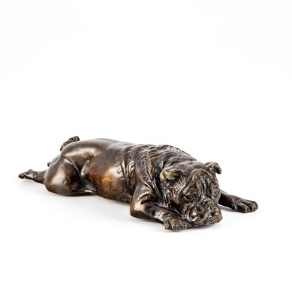 null Bulldog (bouledogue) couché en bronze à patine médaille
L. : 17,5 cm