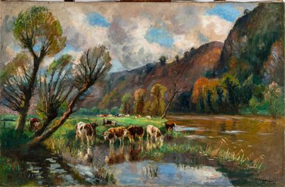 null Raimond LECOURT (1882-1946)
Paysage aux vaches 
Huile sur toile, signée en bas...