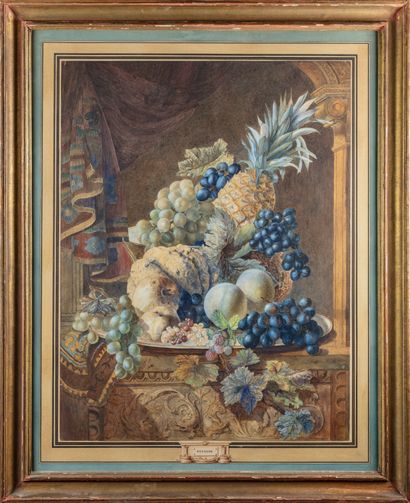null Attribué à Hendrik REEKERS (1815-1854) 
Nature morte à l'ananas et au raisin
Aquarelle,...