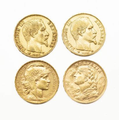 null Set of 4 20-franc gold coins including: 2 Napoleon III 20-franc gold coins,...