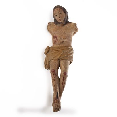 null Christ en bois sculpté polychrome 
Epoque XVIIIe 
H. : 33 cm 
Usure, manque...