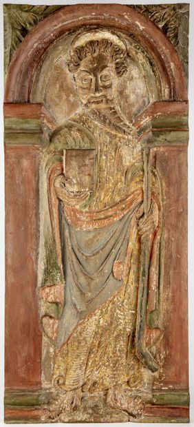 null Panneau en bois sculpté en bas-relief représentant un saint personnage
Traces...