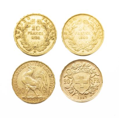 null Set of 4 20-franc gold coins including: 2 Napoleon III 20-franc gold coins,...
