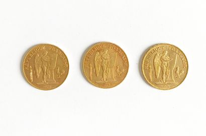 null Trois pièces de 20 francs or au Génie - 1891 / 1893 / 1897 
Poids : 19,35 g
Dans...