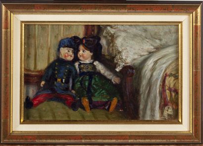 null Lucien TANQUEREY (1865-1938)
Nature morte aux poupées 
Huile sur panneau, signée...