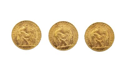 3 pièces de 20 francs or Marianne coq (1911,1913)
Poids...