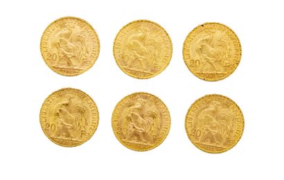 6 coins of 20 Francs gold with the marianne...