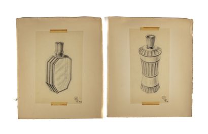 null Pierre CAMIN (1908 - 1996)
Suite de 7 DESSINS de flacons de parfum. 
Crayon...