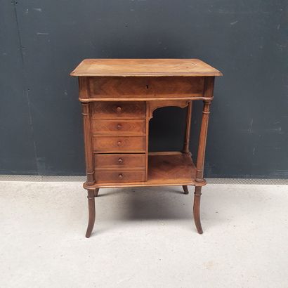 null Small working table in veneer, opening with a flap, 5 drawers in front, fluted...