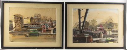 null Pierre CAMIN (1908 - 1996).
Vue du fleuve. 
Paire d'aquarelles sur papier, signée...