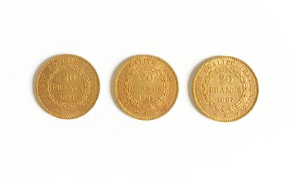 Three coins of 20 francs gold with the Genie...