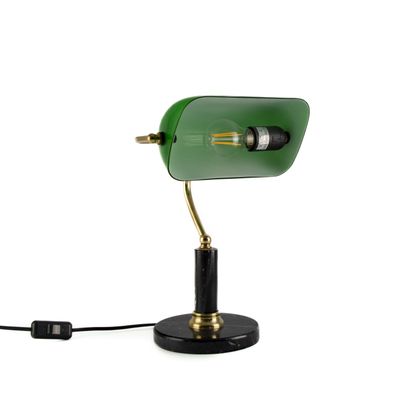 null Desk lamp, marble base and gilt metal trim, green glass directional shade.
H....