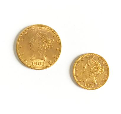 null A 5 dollars gold coin - Liberty head - 1895 
One 10 dollars gold coin - Liberty...