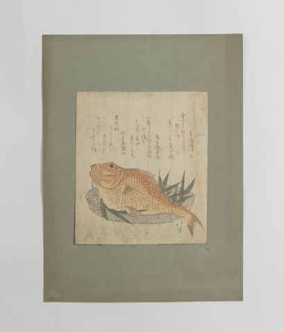 null Totoya Hokkei (1780 -1850)
Trois surimono, shikishiban :
- poisson dans un panier....