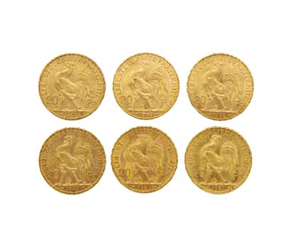 6 coins of 20 Francs gold with the marianne...
