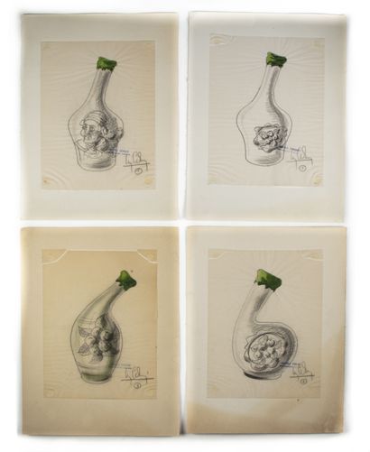 null Pierre CAMIN (1908 - 1996)
Suite de 4 DESSINS pour des bouteilles normandes.
Craie...