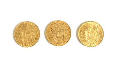 null Trois pièces de 20 francs or à l'effigie de l'Empereur Napoléon III tête laurée...