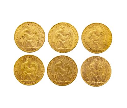 6 pièces de 20 francs or à la marianne (1907,...