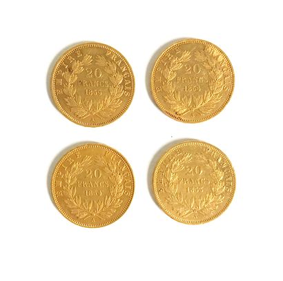 null Quatre pièces de 20 francs or à l'effigie de l'Empereur Napoléon III (1853/1854...